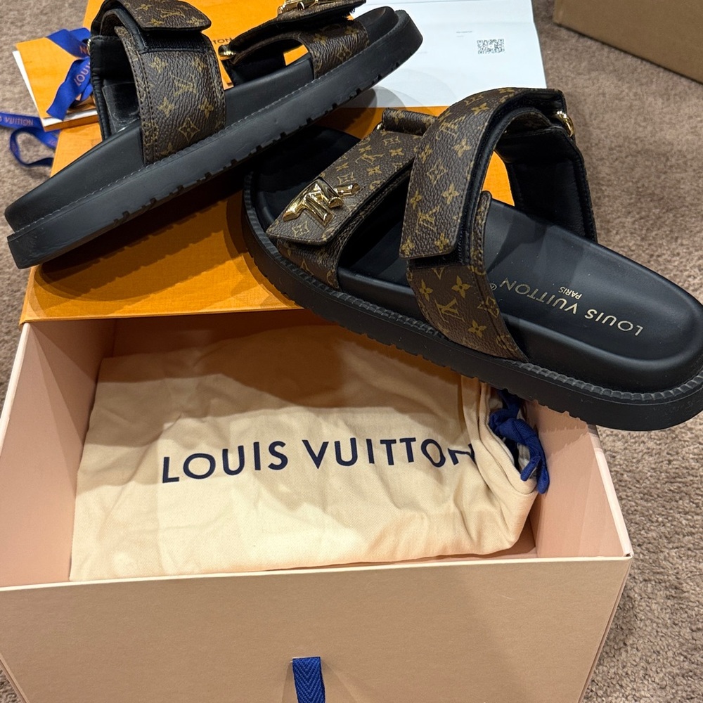 Louis Vuitton Black and Brown Monogram Slides - Picture 5 of 8
